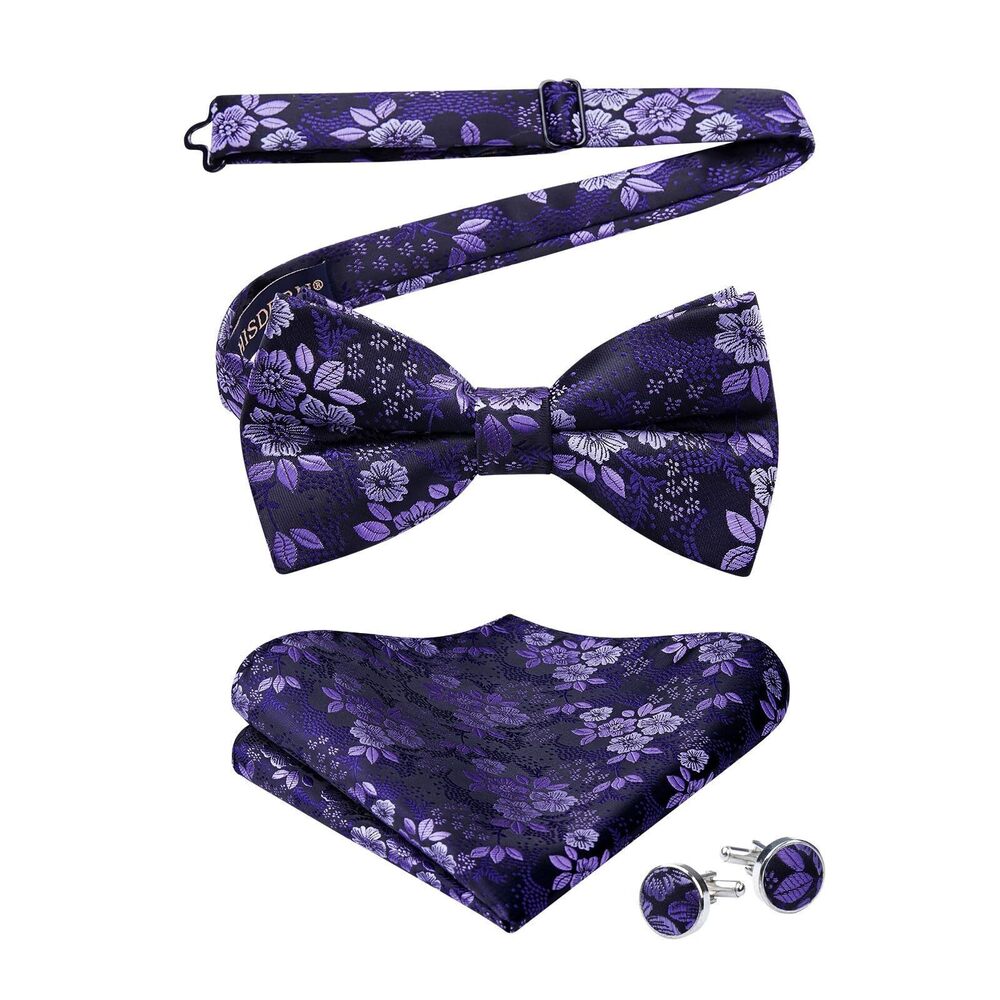 7869 Purple Bow Ties Floral Pre-Tied Bow Tie Handkerchief Classic Formal